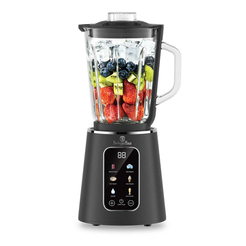 Product image of Digital table blender with 1,5L GLASS jar 1000W. Part of the Anthracite Collection . Features: • Material: plastic, glass • Power: 1000 W • Voltage: 220-240V, 50/60 Hz • 1,5 L glass jar • Size: 19,3*17,4*38 cm • Length of power cord: 1 m • Co.... (Conceptual view). Official Berlinger Haus product, boosted by Promintra sl.