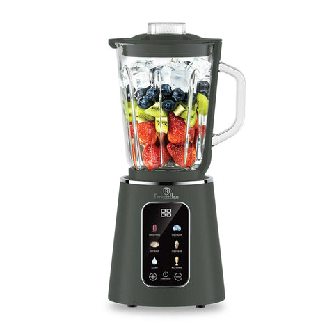 Product image of Digital table blender with 1,5L GLASS jar 1000W. Part of the Matte Green Collection . Features: • Material: plastic, glass • Power: 1000 W • Voltage: 220-240V, 50/60 Hz • 1,5 L glass jar • Size: 19,3*17,4*38 cm • Length of power cord: 1 m • Co.... (Conceptual view). Official Berlinger Haus product, boosted by Promintra sl.