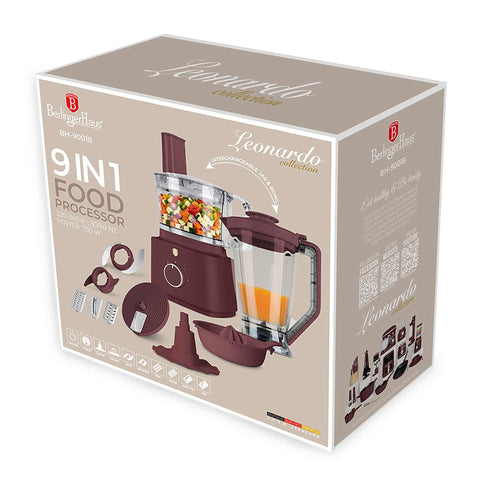 Product image of 9in1 food processor. Part of the Leonardo Collection . Features: • Material: stainless steel, plastic • Voltage: 220-240V 50/60Hz • Power: 750W • Included: • Stainless steel chopper blade • Disc holder with 4 dis.... (Conceptual view). Official Berlinger Haus product, boosted by Promintra sl.