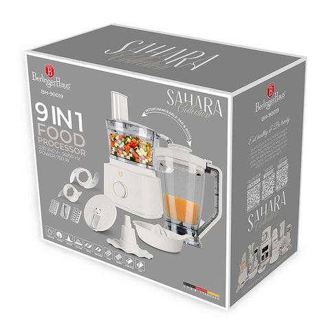 Product image of 9in1 food processor. Part of the Sahara Collection . Features: • Material: stainless steel, plastic • Voltage: 220-240V 50/60Hz • Power: 750W • Included: • Stainless steel chopper blade • Disc holder with 4 dis.... (Conceptual view). Official Berlinger Haus product, boosted by Promintra sl.