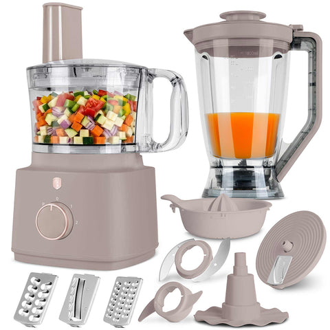Product image of 9in1 food processor. Part of the Taupe Collection . Features: • Material: stainless steel, plastic • Voltage: 220-240V 50/60Hz • Power: 750W • Included: • Stainless steel chopper blade • Disc holder with 4 dis.... (Conceptual view). Official Berlinger Haus product, boosted by Promintra sl.