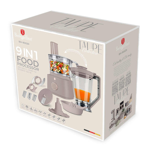 Product image of 9in1 food processor. Part of the Taupe Collection . Features: • Material: stainless steel, plastic • Voltage: 220-240V 50/60Hz • Power: 750W • Included: • Stainless steel chopper blade • Disc holder with 4 dis.... (Conceptual view). Official Berlinger Haus product, boosted by Promintra sl.