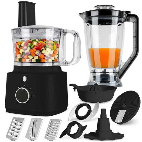 Product image of 9in1 food processor. Part of the Black Vantage Collection/Matte Black Collection/Black Silver Collection . Features: • Material: stainless steel, plastic • Voltage: 220-240V 50/60Hz • Power: 750W • Included: • Stainless steel chopper blade • Disc holder with 4 dis.... (Conceptual view). Official Berlinger Haus product, boosted by Promintra sl.