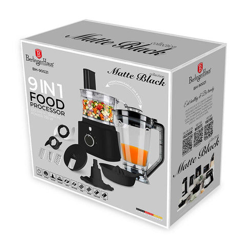 Product image of 9in1 food processor. Part of the Black Vantage Collection/Matte Black Collection/Black Silver Collection . Features: • Material: stainless steel, plastic • Voltage: 220-240V 50/60Hz • Power: 750W • Included: • Stainless steel chopper blade • Disc holder with 4 dis.... (Conceptual view). Official Berlinger Haus product, boosted by Promintra sl.