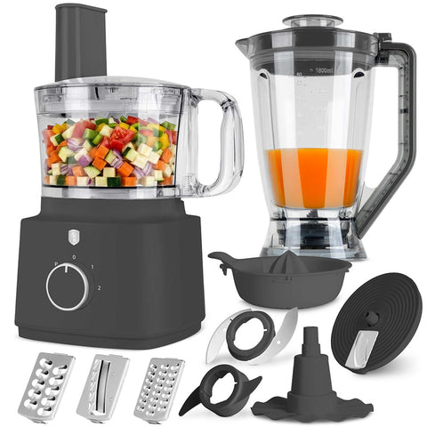 Product image of 9in1 food processor. Part of the Anthracite Collection . Features: • Material: stainless steel, plastic • Voltage: 220-240V 50/60Hz • Power: 750W • Included: • Stainless steel chopper blade • Disc holder with 4 dis.... (Conceptual view). Official Berlinger Haus product, boosted by Promintra sl.