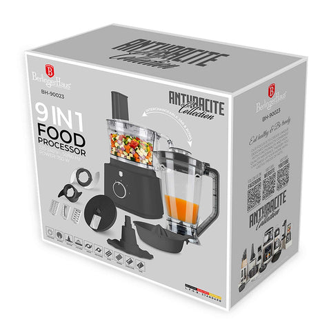 Product image of 9in1 food processor. Part of the Anthracite Collection . Features: • Material: stainless steel, plastic • Voltage: 220-240V 50/60Hz • Power: 750W • Included: • Stainless steel chopper blade • Disc holder with 4 dis.... (Conceptual view). Official Berlinger Haus product, boosted by Promintra sl.