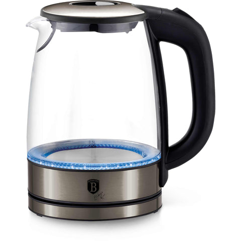 Product image of Electric glass kettle. Part of the Black Vantage Collection/Matte Black Collection/Black Silver Collection/Eternal Collection . Features: • Material: stainless steel and borosilicate glass • Capacity: 1,7L • Voltage: 220-240V,50/60Hz • Power: 1850-2200W • Color: stainless steel. (Studio view). Official Berlinger Haus product, boosted by Promintra sl.