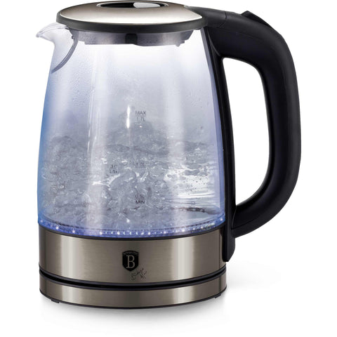 Product image of Electric glass kettle. Part of the Black Vantage Collection/Matte Black Collection/Black Silver Collection/Eternal Collection . Features: • Material: stainless steel and borosilicate glass • Capacity: 1,7L • Voltage: 220-240V,50/60Hz • Power: 1850-2200W • Color: stainless steel. (Studio view). Official Berlinger Haus product, boosted by Promintra sl.