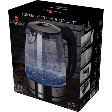 Product image of Electric glass kettle. Part of the Black Vantage Collection/Matte Black Collection/Black Silver Collection/Eternal Collection . Features: • Material: stainless steel and borosilicate glass • Capacity: 1,7L • Voltage: 220-240V,50/60Hz • Power: 1850-2200W • Color: stainless steel. (Studio view). Official Berlinger Haus product, boosted by Promintra sl.