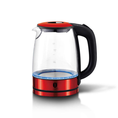 Product image of Electric glass kettle. Part of the Metallic Line Burgundy Edition . Features: • Material: stainless steel and borosilicate glass • Capacity: 1,7L • Voltage: 220-240V,50/60Hz • Power: 1850-2200W • Color: burgundy. (Studio view). Official Berlinger Haus product, boosted by Promintra sl.