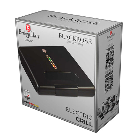 Imatge del producte de la barbacoa elèctrica. Part de la col·lecció Black Rose. Característiques: • Material: alumini, baquelita • Potència: 650-780 W • Voltatge: 220-240 V, 50/60Hz • Mida de la placa: 22,5*13 cm • Revestiment ANTIADHERENT • Color: negre-rosa... (Vista d'estudi). Producte oficial de Berlinger, impulsat per Promintra sl.