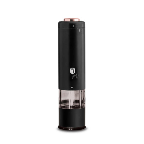Product image of Electric pepper and salt mill. Part of the Black Rose Collection . Features: • Material: stainless steel with CERAMIC grinder • Batteries: 4 pcs AA (not inc.) • WITH LIGHT • Color: black- rose gold. (Studio view). Official Berlinger Haus product, boosted by Promintra sl.