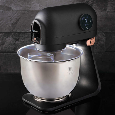 Product image of Kitchen machine. Part of the Black Rose Collection . Features: • Material: cast aluminium body and stainless steel • 1200 W, 220-240V, 50/60Hz • Include: • 18/10 stainless steel bowl 5L • Cast aluminium non-sti.... (Studio view). Official Berlinger Haus product, boosted by Promintra sl.