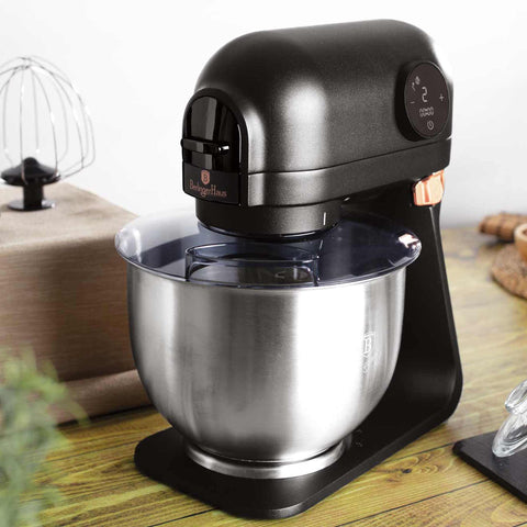 Product image of Kitchen machine. Part of the Black Rose Collection . Features: • Material: cast aluminium body and stainless steel • 1200 W, 220-240V, 50/60Hz • Include: • 18/10 stainless steel bowl 5L • Cast aluminium non-sti.... (Studio view). Official Berlinger Haus product, boosted by Promintra sl.