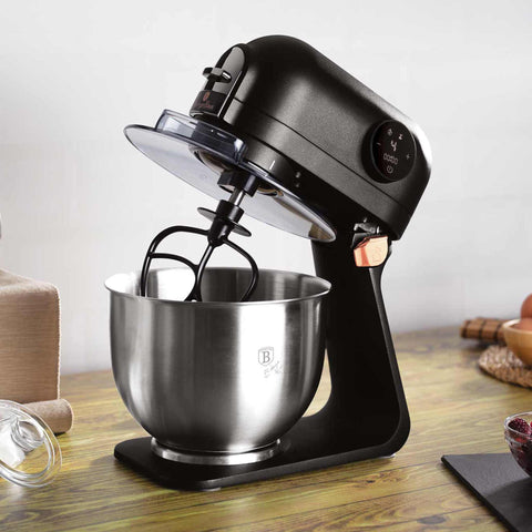 Product image of Kitchen machine. Part of the Black Rose Collection . Features: • Material: cast aluminium body and stainless steel • 1200 W, 220-240V, 50/60Hz • Include: • 18/10 stainless steel bowl 5L • Cast aluminium non-sti.... (Studio view). Official Berlinger Haus product, boosted by Promintra sl.