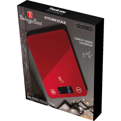 BH/9350, Báscula de cocina digital de vidrio, capacidad 5 kg, color burdeos, rojo, báscula de cocina, eléctrica, batería, báscula de cocina digital, báscula,Berlinger Haus, Promintra