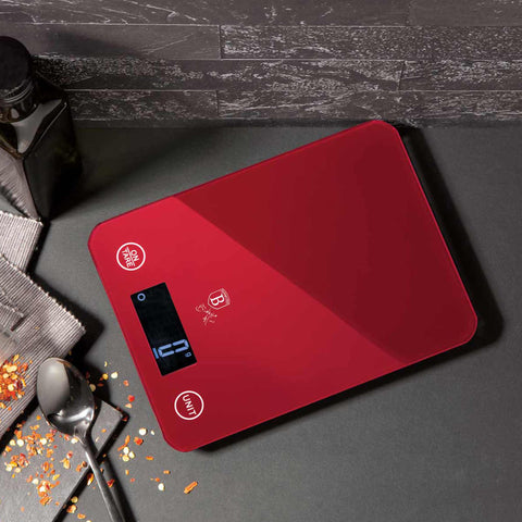 BH/9350, Báscula de cocina digital de vidrio, capacidad 5 kg, color burdeos, rojo, báscula de cocina, eléctrica, batería, báscula de cocina digital, báscula,Berlinger Haus, Promintra