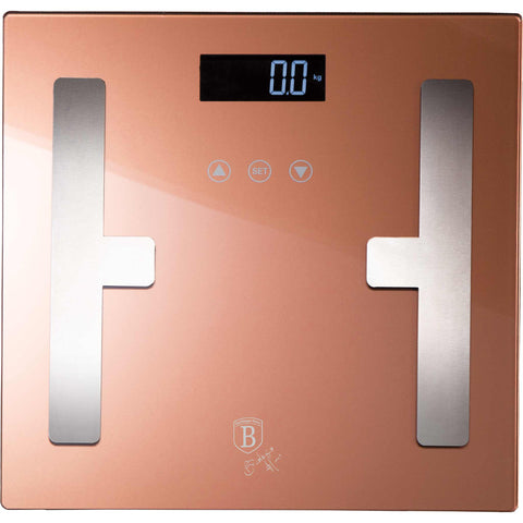 Product image of Digital bathroom BODYFAT glass scale capacity 180kg. Part of the Metallic Line Rose Gold Edition . Features: • Material: tempered glass and plastic • Capacity: 180 kg • Size: 30*30 cm • Weight unit: lb/st/kg • Auto zero and auto off • Power: 2 pcs AAA batt.... (Studio view). Official Berlinger Haus product, boosted by Promintra sl.