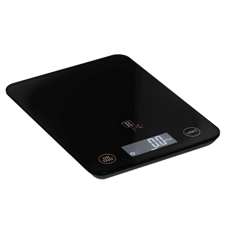 Product image of Digital glass kitchen scale capacity 5kg. Part of the Black Rose Collection . Features: • Material: tempered glass and plastic • Capacity: 5 kg • Size: 19,5*14,5 cm • Weight unit: g/oz/ml/lb/fl • 2 pcs AAA battery included • Color: black. (Studio view). Official Berlinger Haus product, boosted by Promintra sl.