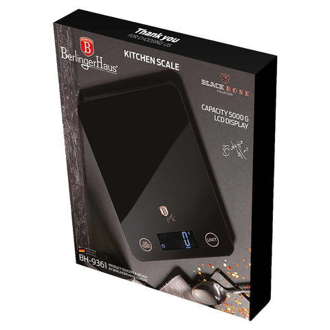 Product image of Digital glass kitchen scale capacity 5kg. Part of the Black Rose Collection . Features: • Material: tempered glass and plastic • Capacity: 5 kg • Size: 19,5*14,5 cm • Weight unit: g/oz/ml/lb/fl • 2 pcs AAA battery included • Color: black. (Studio view). Official Berlinger Haus product, boosted by Promintra sl.