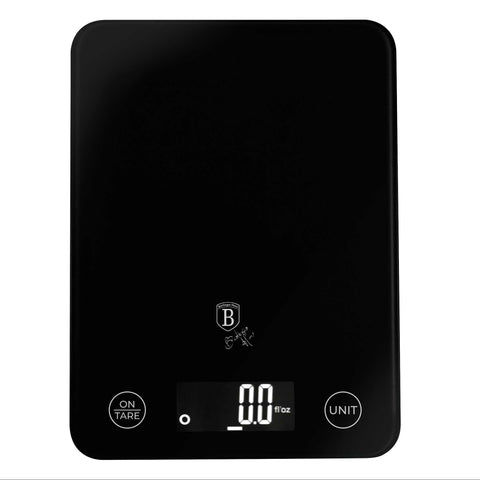 Product image of Digital glass kitchen scale capacity 5kg. Part of the Black Vantage Collection/Matte Black Collection/Black Silver Collection . Features: • Material: tempered glass and plastic • Capacity: 5 kg • Size: 19,5*14,5 cm • Weight unit: g/oz/ml/lb/fl • 2 pcs AAA battery included • Color: black. (Studio view). Official Berlinger Haus product, boosted by Promintra sl.