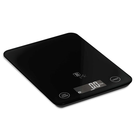 Product image of Digital glass kitchen scale capacity 5kg. Part of the Black Vantage Collection/Matte Black Collection/Black Silver Collection . Features: • Material: tempered glass and plastic • Capacity: 5 kg • Size: 19,5*14,5 cm • Weight unit: g/oz/ml/lb/fl • 2 pcs AAA battery included • Color: black. (Studio view). Official Berlinger Haus product, boosted by Promintra sl.