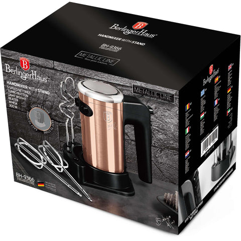 Product image of Hand mixer with stand. Part of the Metallic Line Rose Gold Edition . Features: • Material: plastic and stainless steel • Include: • 2 pcs beaters for eggs and cream • 2 pcs hooks for mixing dough • Voltage: 220-240 V, 50/60 Hz.... (Studio view). Official Berlinger Haus product, boosted by Promintra sl.