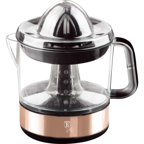 Product image of Electric citrus juicer. Part of the Metallic Line Rose Gold Edition . Features: • Material: plastic, stainless steel • 220-240V/100-127VAC 50/60Hz 40W • Capacity: 0,7 L • Color: metallic rose gold. (Studio view). Official Berlinger Haus product, boosted by Promintra sl.