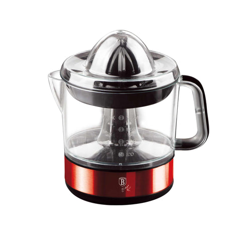 Product image of Electric citrus juicer. Part of the Metallic Line Burgundy Edition . Features: • Material: plastic, stainless steel • 220-240V/100-127VAC 50/60Hz 40W • Capacity: 0,7 L • Color: metallic burgundy. (Studio view). Official Berlinger Haus product, boosted by Promintra sl.