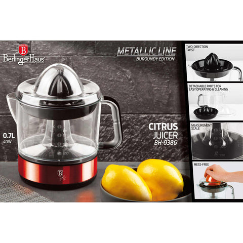 Product image of Electric citrus juicer. Part of the Metallic Line Burgundy Edition . Features: • Material: plastic, stainless steel • 220-240V/100-127VAC 50/60Hz 40W • Capacity: 0,7 L • Color: metallic burgundy. (Studio view). Official Berlinger Haus product, boosted by Promintra sl.