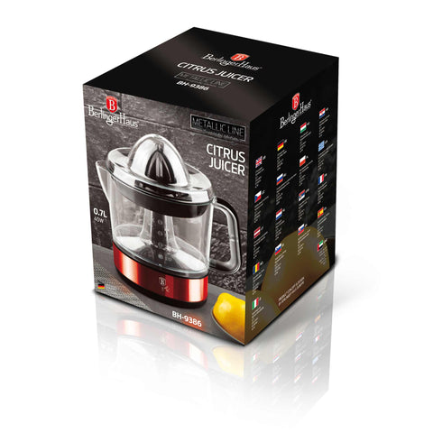 Product image of Electric citrus juicer. Part of the Metallic Line Burgundy Edition . Features: • Material: plastic, stainless steel • 220-240V/100-127VAC 50/60Hz 40W • Capacity: 0,7 L • Color: metallic burgundy. (Studio view). Official Berlinger Haus product, boosted by Promintra sl.