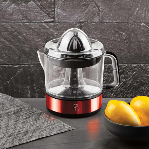 Product image of Electric citrus juicer. Part of the Metallic Line Burgundy Edition . Features: • Material: plastic, stainless steel • 220-240V/100-127VAC 50/60Hz 40W • Capacity: 0,7 L • Color: metallic burgundy. (Studio view). Official Berlinger Haus product, boosted by Promintra sl.