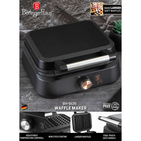 Imatge del producte de la gofrera de mida belga. Forma part de la col·lecció Black Rose. Característiques: • Potència: 1500 W • Voltatge: 220-240 V, 50/60 Hz • Mida de la placa: 26,2 * 21,6 cm • Recobriment ANTIADHERENT a la placa • Color: negre-or rosa. (Vista d'estudi). Producte oficial de Berlinger, impulsat per Promintra sl.