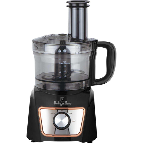 Product image of 8in1 food processor. Part of the Black Rose Collection . Features: • Material: stainless steel, plastic • Voltage: 220-240V 50-60Hz • Power: 500W • Included: • Stainless steel chopper blade • 2-side stainless steel.... (Studio view). Official Berlinger Haus product, boosted by Promintra sl.