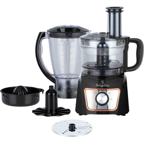 Product image of 8in1 food processor. Part of the Black Rose Collection . Features: • Material: stainless steel, plastic • Voltage: 220-240V 50-60Hz • Power: 500W • Included: • Stainless steel chopper blade • 2-side stainless steel.... (Studio view). Official Berlinger Haus product, boosted by Promintra sl.