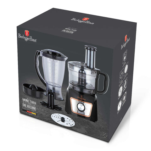 Product image of 8in1 food processor. Part of the Black Rose Collection . Features: • Material: stainless steel, plastic • Voltage: 220-240V 50-60Hz • Power: 500W • Included: • Stainless steel chopper blade • 2-side stainless steel.... (Studio view). Official Berlinger Haus product, boosted by Promintra sl.