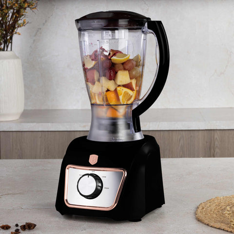 Product image of 8in1 food processor. Part of the Black Rose Collection . Features: • Material: stainless steel, plastic • Voltage: 220-240V 50-60Hz • Power: 500W • Included: • Stainless steel chopper blade • 2-side stainless steel.... (Studio view). Official Berlinger Haus product, boosted by Promintra sl.