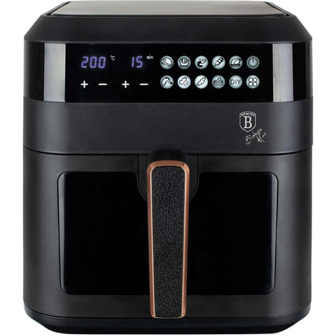 Imatge del producte de la fregidora d'aire de 6,3L amb finestra visible. Part de la col·lecció Black Rose. Característiques: • Potència: 220-240V ~ 50Hz 1300W • Control de temperatura: 80-200℃ • MIDA XXL: Capacitat: 6,3L • Safata d'oli i cistella d'aliments no estètiques - aptes per a rentavaixelles • D.... (Vista d'estudi). Producte oficial de Berlinger, impulsat per Promintra sl.