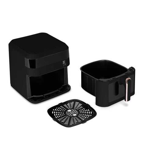 Imatge del producte de la fregidora d'aire de 6,3L amb finestra visible. Part de la col·lecció Black Rose. Característiques: • Potència: 220-240V ~ 50Hz 1300W • Control de temperatura: 80-200℃ • MIDA XXL: Capacitat: 6,3L • Safata d'oli i cistella d'aliments no estètiques - aptes per a rentavaixelles • D.... (Vista d'estudi). Producte oficial de Berlinger, impulsat per Promintra sl.