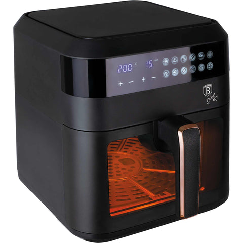 Imatge del producte de la fregidora d'aire de 6,3L amb finestra visible. Part de la col·lecció Black Rose. Característiques: • Potència: 220-240V ~ 50Hz 1300W • Control de temperatura: 80-200℃ • MIDA XXL: Capacitat: 6,3L • Safata d'oli i cistella d'aliments no estètiques - aptes per a rentavaixelles • D.... (Vista d'estudi). Producte oficial de Berlinger, impulsat per Promintra sl.