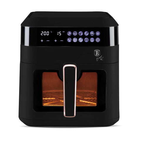 Imatge del producte de la fregidora d'aire de 6,3L amb finestra visible. Part de la col·lecció Black Rose. Característiques: • Potència: 220-240V ~ 50Hz 1300W • Control de temperatura: 80-200℃ • MIDA XXL: Capacitat: 6,3L • Safata d'oli i cistella d'aliments no estètiques - aptes per a rentavaixelles • D.... (Vista d'estudi). Producte oficial de Berlinger, impulsat per Promintra sl.
