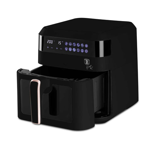 Imatge del producte de la fregidora d'aire de 6,3L amb finestra visible. Part de la col·lecció Black Rose. Característiques: • Potència: 220-240V ~ 50Hz 1300W • Control de temperatura: 80-200℃ • MIDA XXL: Capacitat: 6,3L • Safata d'oli i cistella d'aliments no estètiques - aptes per a rentavaixelles • D.... (Vista d'estudi). Producte oficial de Berlinger, impulsat per Promintra sl.