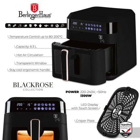 Imatge del producte de la fregidora d'aire de 6,3L amb finestra visible. Part de la col·lecció Black Rose. Característiques: • Potència: 220-240V ~ 50Hz 1300W • Control de temperatura: 80-200℃ • MIDA XXL: Capacitat: 6,3L • Safata d'oli i cistella d'aliments no estètiques - aptes per a rentavaixelles • D.... (Vista d'estudi). Producte oficial de Berlinger, impulsat per Promintra sl.