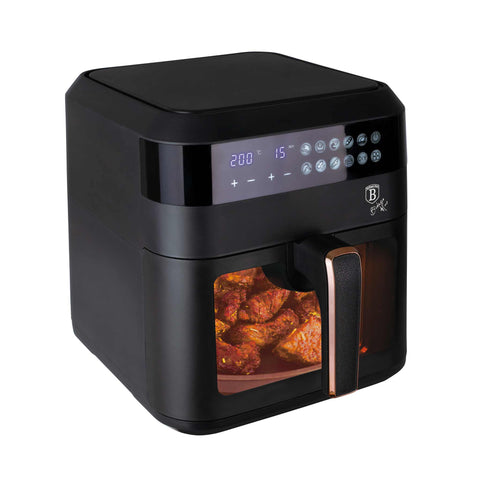Imatge del producte de la fregidora d'aire de 6,3L amb finestra visible. Part de la col·lecció Black Rose. Característiques: • Potència: 220-240V ~ 50Hz 1300W • Control de temperatura: 80-200℃ • MIDA XXL: Capacitat: 6,3L • Safata d'oli i cistella d'aliments no estètiques - aptes per a rentavaixelles • D.... (Vista d'estudi). Producte oficial de Berlinger, impulsat per Promintra sl.