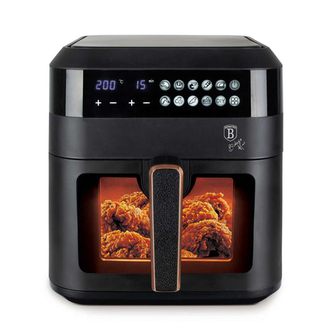 Imatge del producte de la fregidora d'aire de 6,3L amb finestra visible. Part de la col·lecció Black Rose. Característiques: • Potència: 220-240V ~ 50Hz 1300W • Control de temperatura: 80-200℃ • MIDA XXL: Capacitat: 6,3L • Safata d'oli i cistella d'aliments no estètiques - aptes per a rentavaixelles • D.... (Vista d'estudi). Producte oficial de Berlinger, impulsat per Promintra sl.