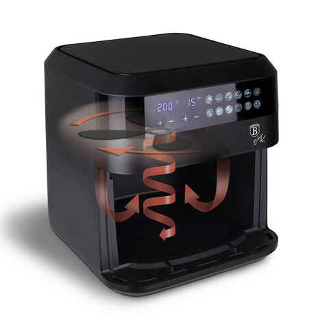 Imatge del producte de la fregidora d'aire de 6,3L amb finestra visible. Part de la col·lecció Black Rose. Característiques: • Potència: 220-240V ~ 50Hz 1300W • Control de temperatura: 80-200℃ • MIDA XXL: Capacitat: 6,3L • Safata d'oli i cistella d'aliments no estètiques - aptes per a rentavaixelles • D.... (Vista d'estudi). Producte oficial de Berlinger, impulsat per Promintra sl.