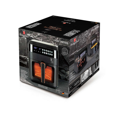 Imatge del producte de la fregidora d'aire de 6,3L amb finestra visible. Part de la col·lecció Black Rose. Característiques: • Potència: 220-240V ~ 50Hz 1300W • Control de temperatura: 80-200℃ • MIDA XXL: Capacitat: 6,3L • Safata d'oli i cistella d'aliments no estètiques - aptes per a rentavaixelles • D.... (Vista d'estudi). Producte oficial de Berlinger, impulsat per Promintra sl.