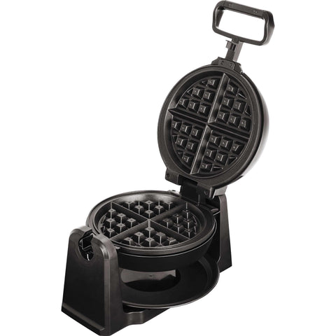 Product image of Rotatable waffle maker with stand. Part of the Metallic Line Rose Gold Edition . Features: • Power: 1000W • Voltage: 220-240 V, 50/60Hz • Plate size: 20,32 cm • Accessory: plastic tray • NON-STICK TITAN black coating on plate • Color: ros.... (Studio view). Official Berlinger Haus product, boosted by Promintra sl.