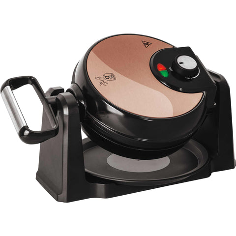 Product image of Rotatable waffle maker with stand. Part of the Metallic Line Rose Gold Edition . Features: • Power: 1000W • Voltage: 220-240 V, 50/60Hz • Plate size: 20,32 cm • Accessory: plastic tray • NON-STICK TITAN black coating on plate • Color: ros.... (Studio view). Official Berlinger Haus product, boosted by Promintra sl.