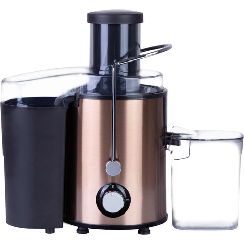 Imagem do extrator de sucos. Parte da linha Metallic Line Rose Gold Edition. Características: • Material: corpo em aço inoxidável, filtro em aço inoxidável • Capacidade: copo para suco de 600 ml, copo para polpa de 1300 ml • 220-240V 50-60Hz 500W • Comprimento do cabo de alimentação... (Vista de estúdio). Produto oficial Berlinger Haus, com o apoio da Promintra sl.